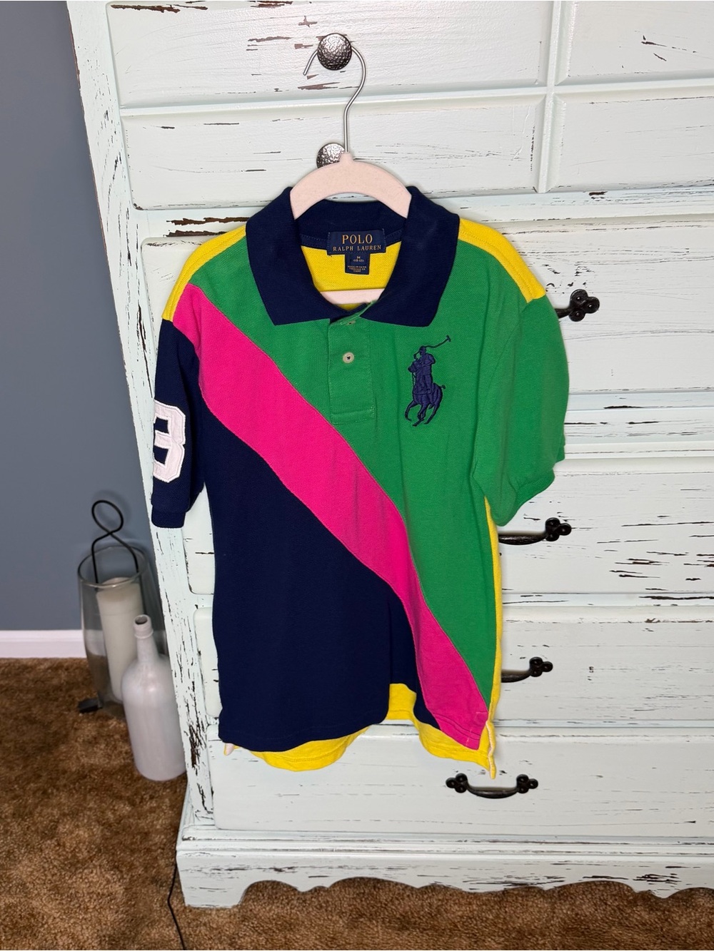 Ralph Lauren Polo Youth boys Green Navy Pink Colorblock Polo. Size 10/12